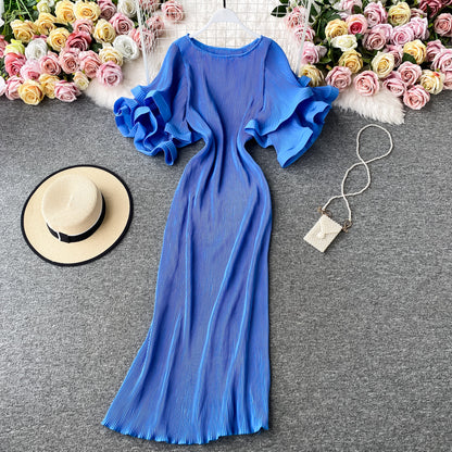 Ruffled large flared sleeve Pleated Dress  2758