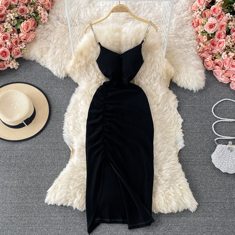 Pleated split suspender skirt with exposed backpack hip dress  3059