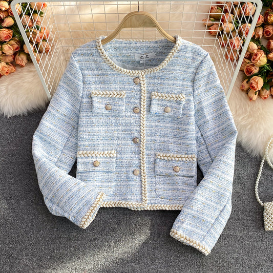 Temperament small fragrance bright silk woven single breasted long sleeved coat  1634