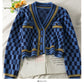 Plaid three button low neck cardigan women's sweater  1845