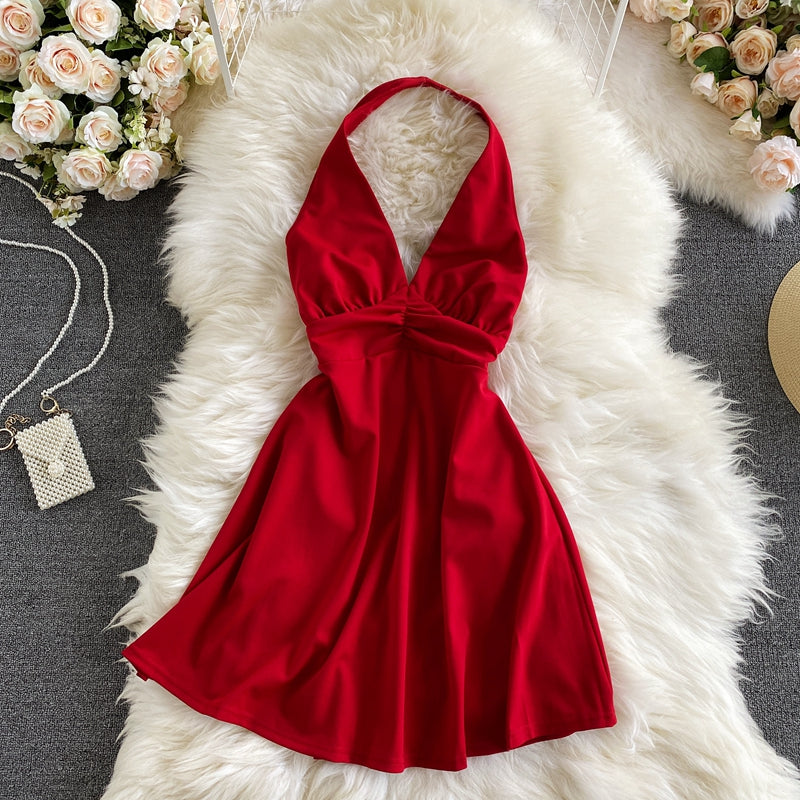 Sexy temperament cross backless neck V-neck dress  2735