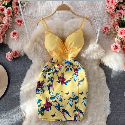 Print stitched short Hip Wrap Dress  2750
