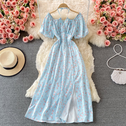 Slim waist with broken flower hanging neck square neck dress  3216