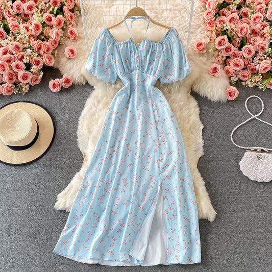 Slim waist with broken flower hanging neck square neck dress  3216
