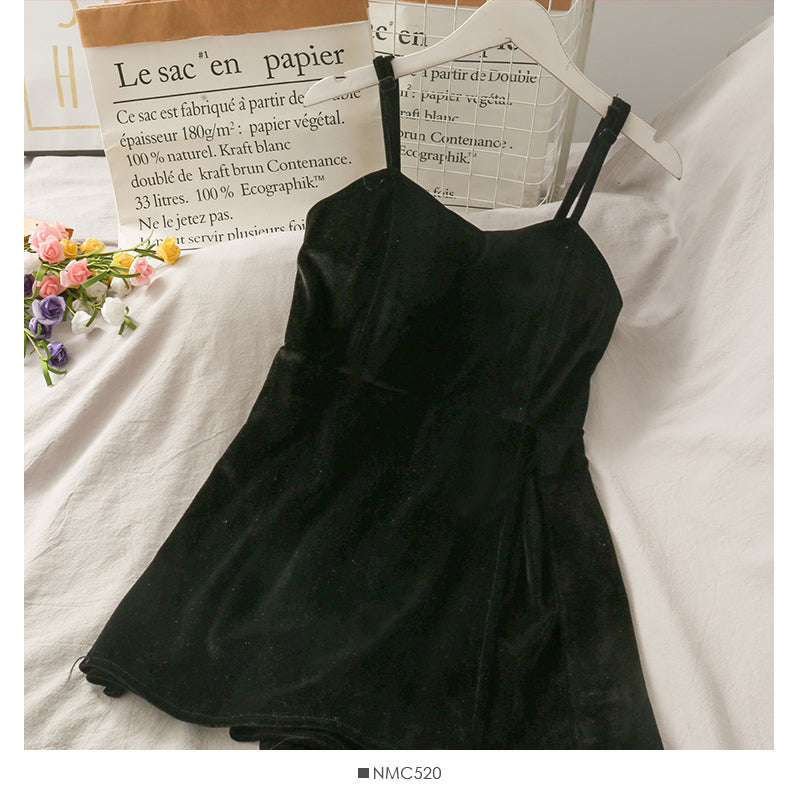 Vintage Gold Velvet high waist short slit adjustable suspender skirt  2709