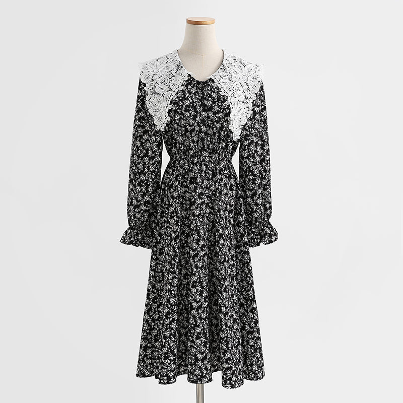 New doll neck Korean long sleeve Floral Dress  2439