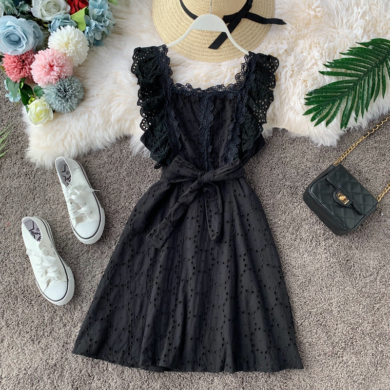 Vintage Lace square neck waist slim dress  2827