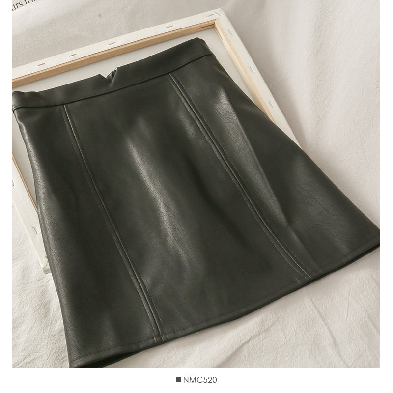 Retro and versatile solid color high waist thin A-shaped small leather skirt  2542