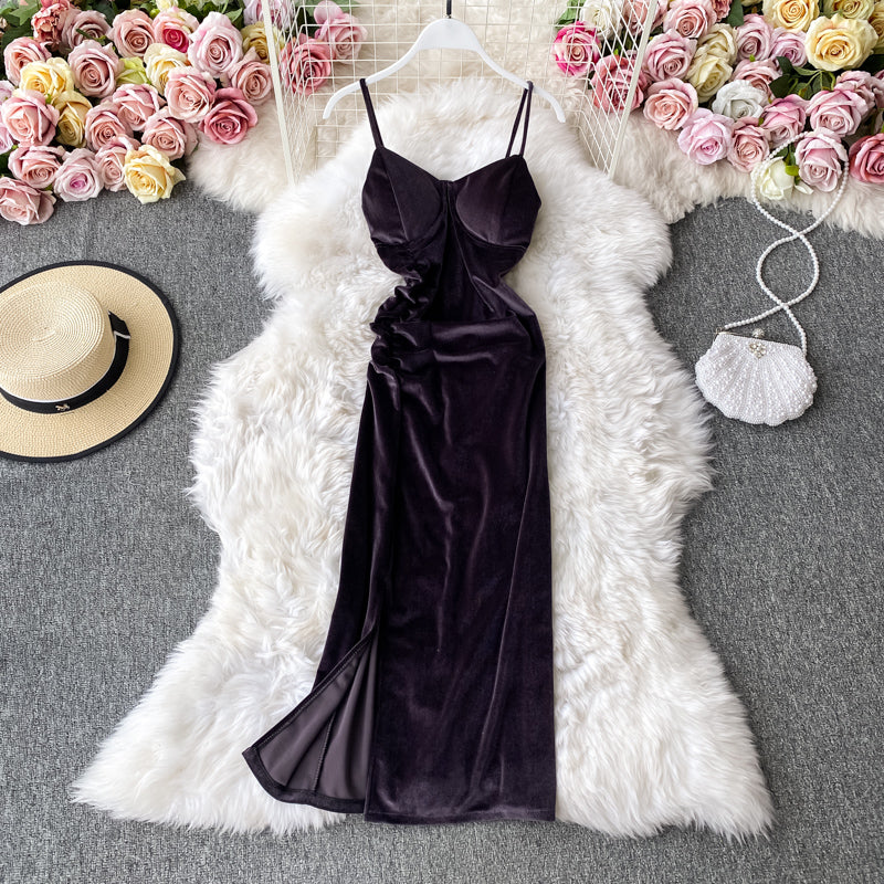 Vintage Hepburn velvet dress split Strapless suspender dress  3142