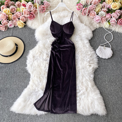 Vintage Hepburn velvet dress split Strapless suspender dress  3142