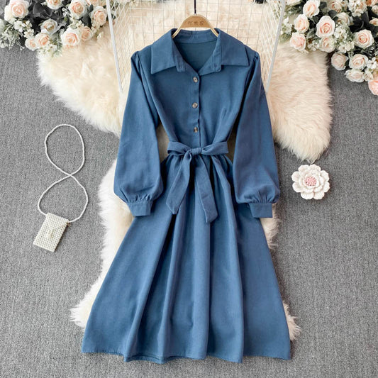 Bubble sleeve long sleeve Lapel corduroy dress  3393