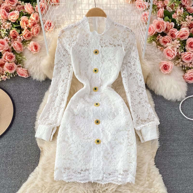 Light luxury medium length stand collar lace Hip Wrap Dress long sleeve  3236