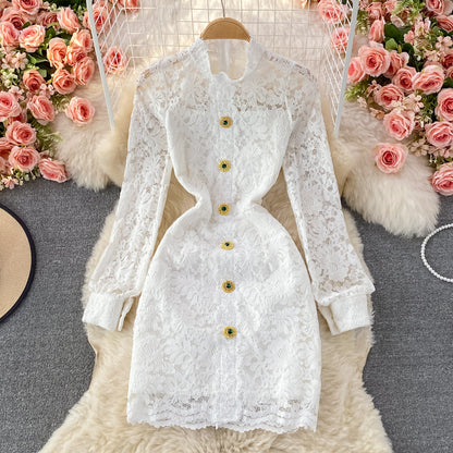 Light luxury medium length stand collar lace Hip Wrap Dress long sleeve  3236