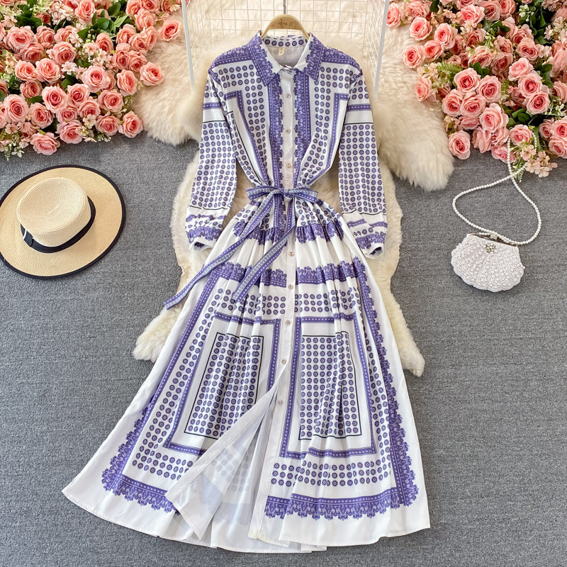 Gentle print lace up Lapel single breasted dress  3368