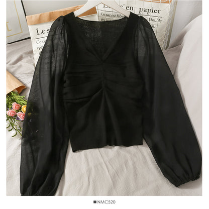 Korean Chiffon stitched bubble long sleeve T-shirt  2027