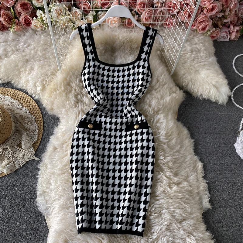 Vintage square neck thousand bird check black and white contrast dress  2793