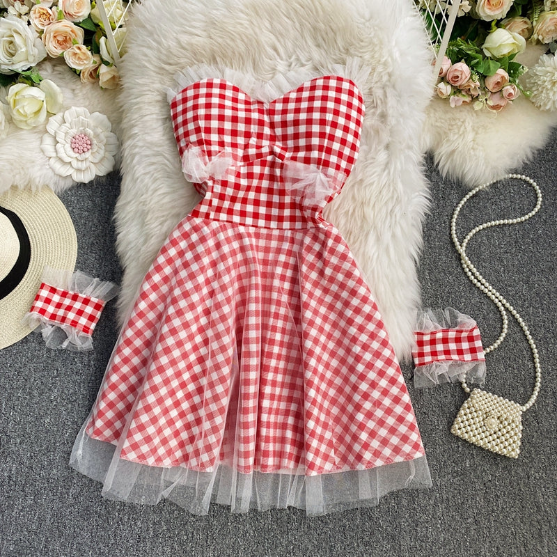 Strapless Plaid Dress waist A-line short skirt  3413