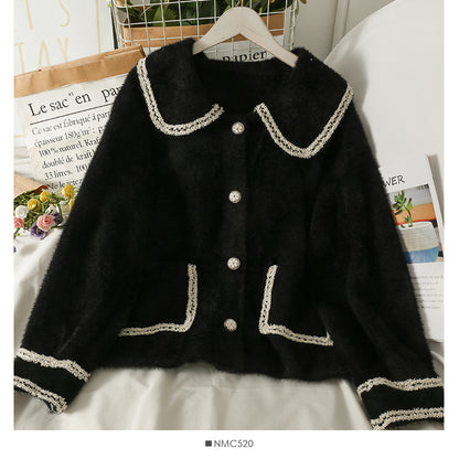 Winter bright silk bonded Plush sweater women's loose and thin doll collar coat  2021