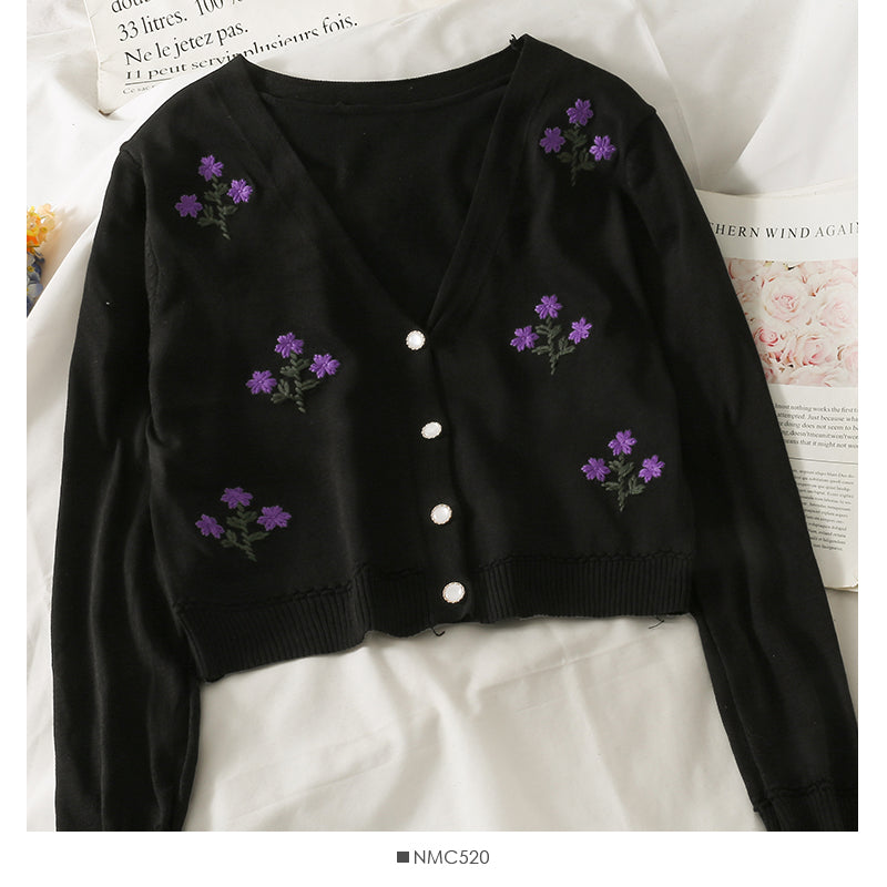 Vintage bestickter kurzer Cardigan einreihiger Langarmpullover 1811