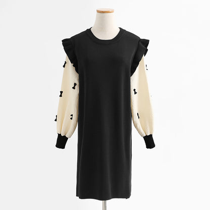 Loose and slim long sleeved wool dress over knee knitted skirt bottomed long skirt  2445