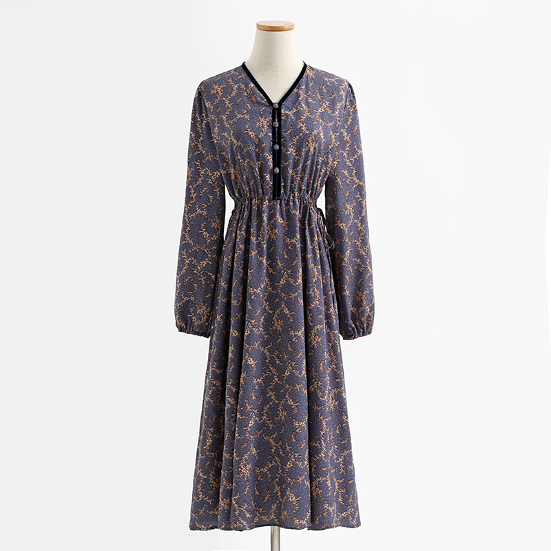French retro minority temperament gentle wind long sleeve Floral Dress  2254
