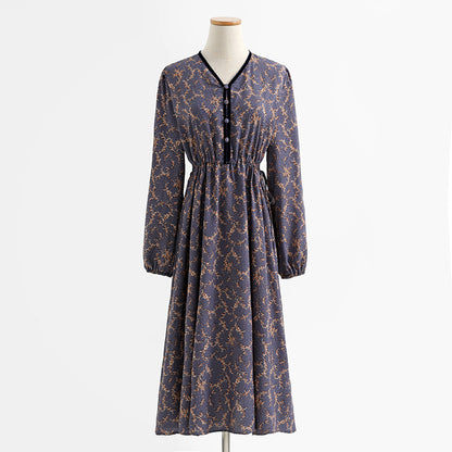 French retro minority temperament gentle wind long sleeve Floral Dress  2254