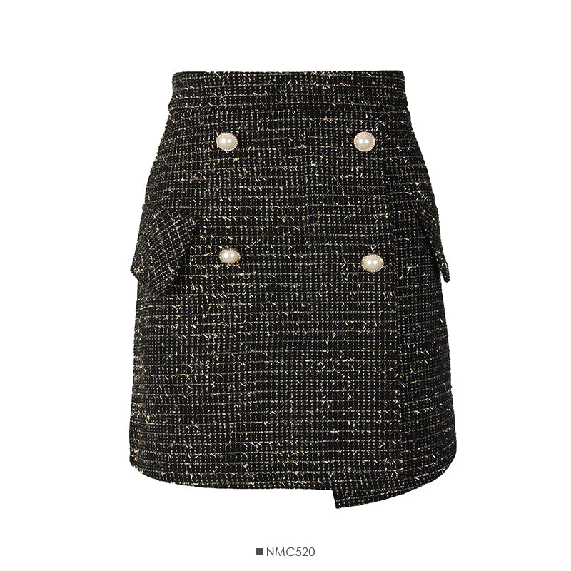 Hong Kong style retro bright silk Plaid tweed high waist A-shaped skirt  2527