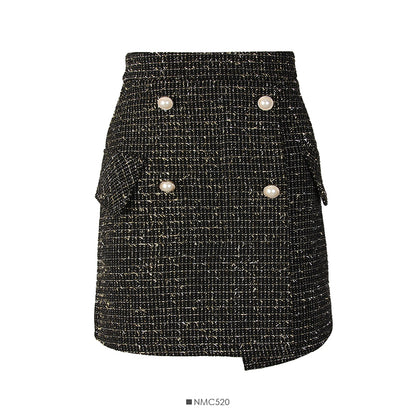 Hong Kong style retro bright silk Plaid tweed high waist A-shaped skirt  2527