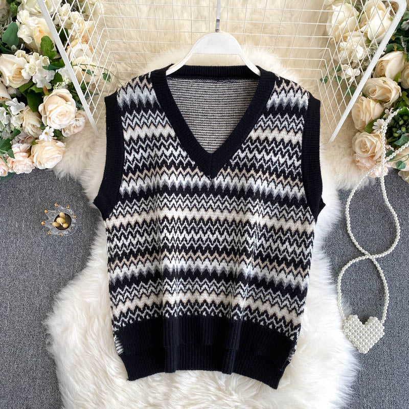 Korean Vintage sweater feminine V-neck slim fit short sweater top vest  1573