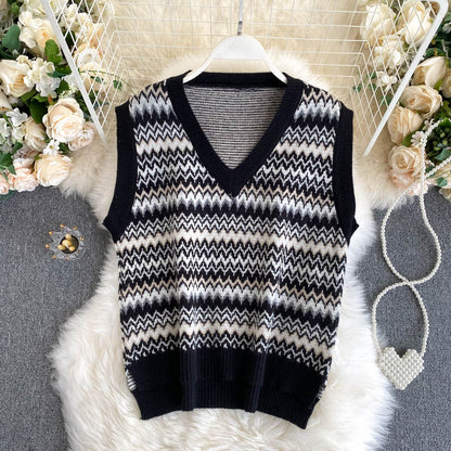 Korean Vintage sweater feminine V-neck slim fit short sweater top vest  1573