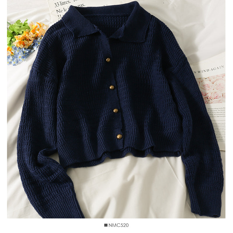 Vintage Revers Langarm einreihige Strickjacke lockerer Pullover 1743
