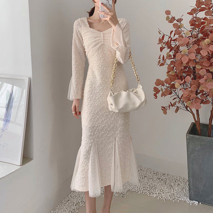 New women's dress with waist closed to show thin temperament French mesh super fairy fishtail  2130