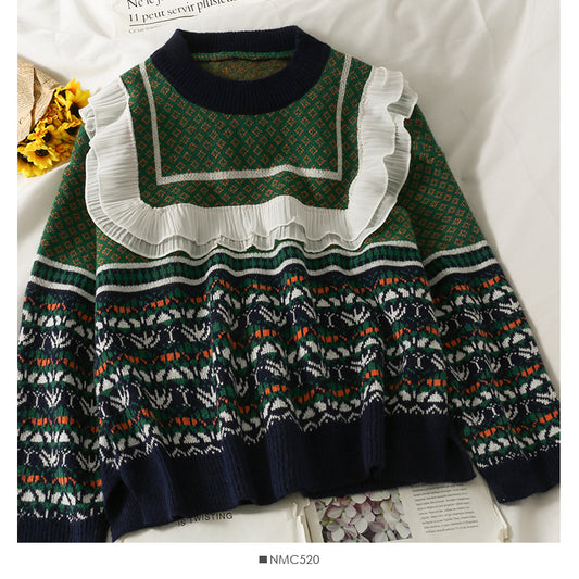 Koreanischer Retro-Pilzrand genähter Langarm-Pullover mit Rundhalsausschnitt 1979