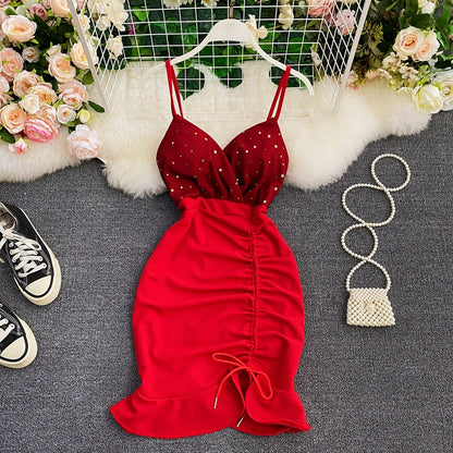 Suspender skirt low chest V-neck waist tight hip drawstring fishtail skirt  2931