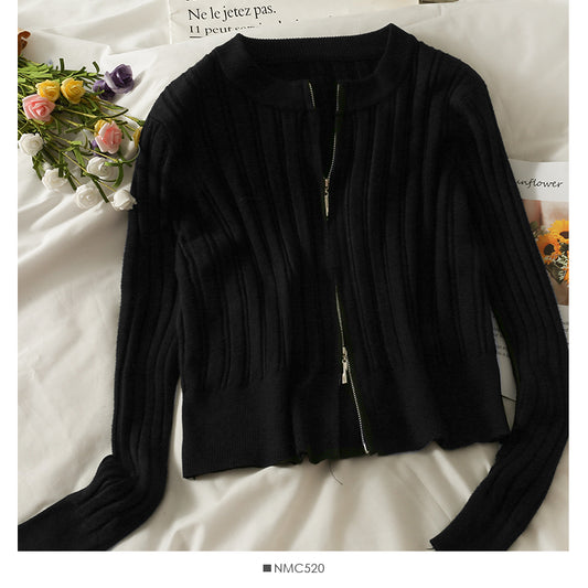 Pull cardigan court à rayures verticales et col ras du cou avec fermeture éclair 1876