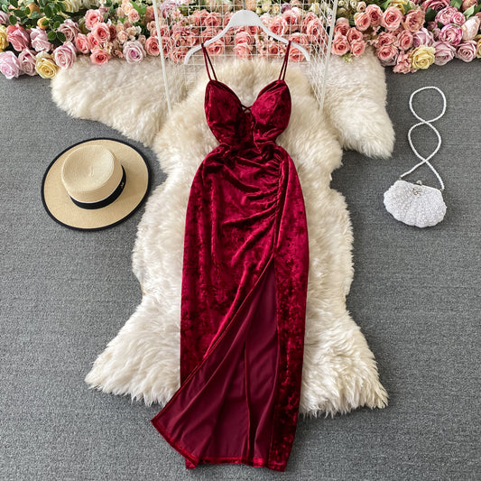 Bankett weinrotes Abendkleid Samt-Split-Kleid mit Hosenträgern 3309