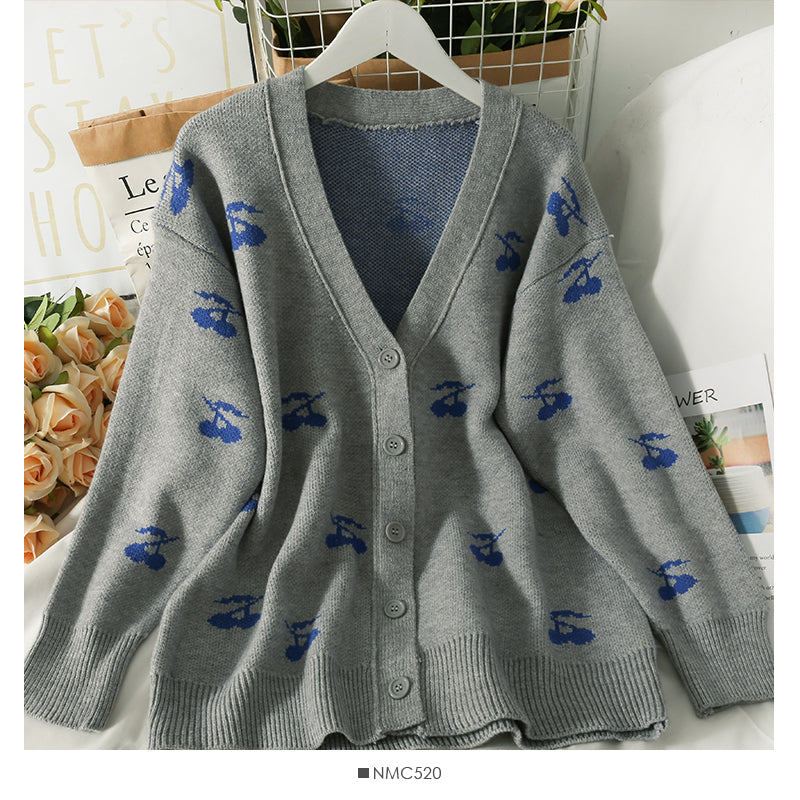 Cherry print medium length low neck sweater for women  2041