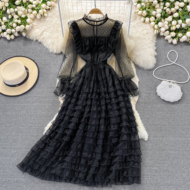 Leichter extravaganter Tortenrock Stehkragen Flare Sleeve Mesh Markisenrock 3020