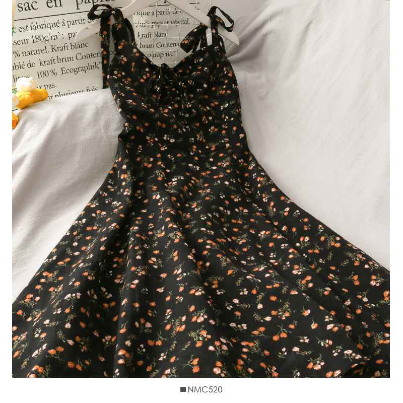 Sweet floral V-neck suspender dress drawstring pleated slim fit  2699
