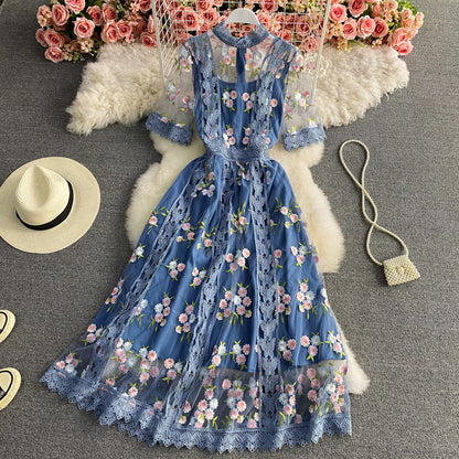Temperament: schmale Taille mit Netzstickerei Kleid 2959