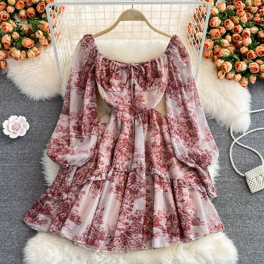 Retro ink painting square neck dress  3000