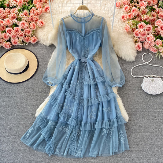 Super xiansen series fungus edge stand collar mesh dress  3263