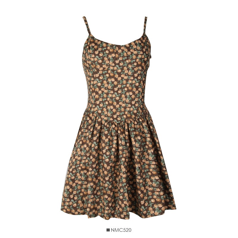 Retro broken flowers show thin waist, high waist suspender skirt, female  2692