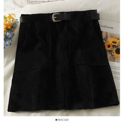 Korean retro bandage high waist slim striped A-line skirt  2650