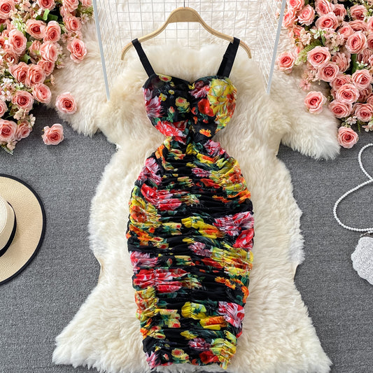 Suspender dress elastic slim mesh printed strapless and buttocks  2821
