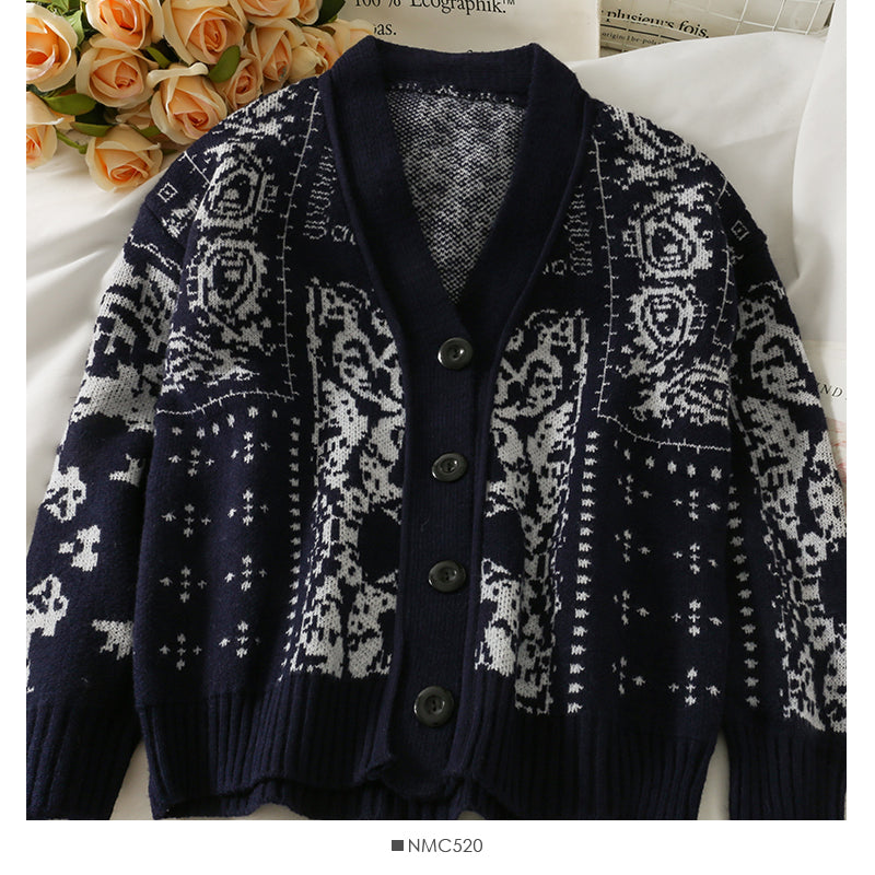 Vintage printed single breasted cardigan loose sweater women's new V-Neck long sleeve versatile sweater fashion  2031