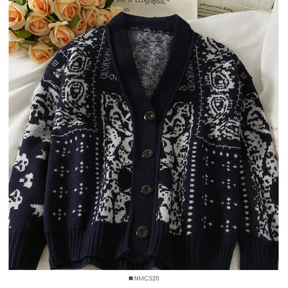 Vintage printed single breasted cardigan loose sweater women's new V-Neck long sleeve versatile sweater fashion  2031