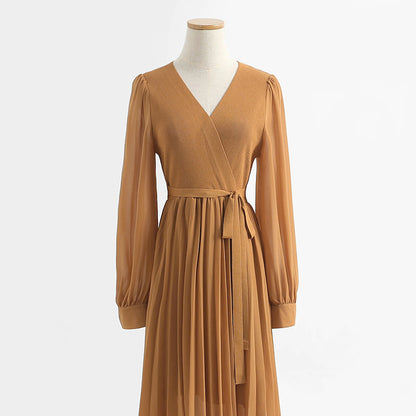 Dress V Neck Long Sleeve knee bottomed skirt pleated patchwork tea break skirt  2140