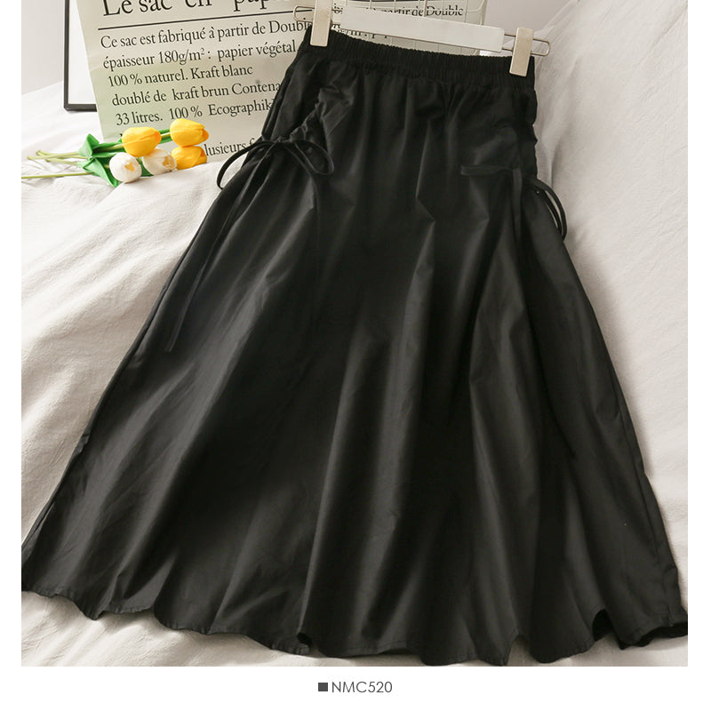 Elastic waist and thin two layers of solid color medium length A-line skirt for women  2589