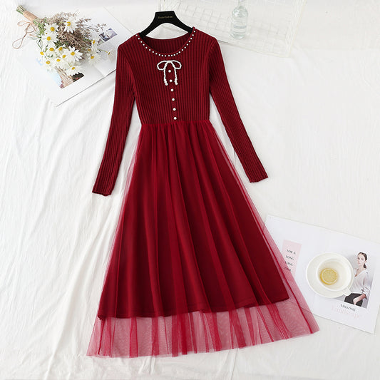 Slim waist with vintage mesh stitching, knee length sweater skirt  2406